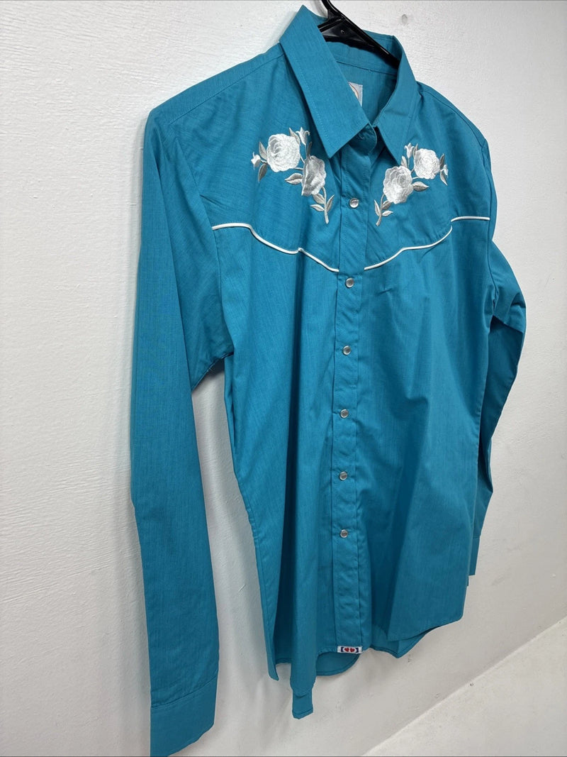 New Women’s Country Charmers Teal Rose Like Sleeve Pearl Snap Medium DD-143