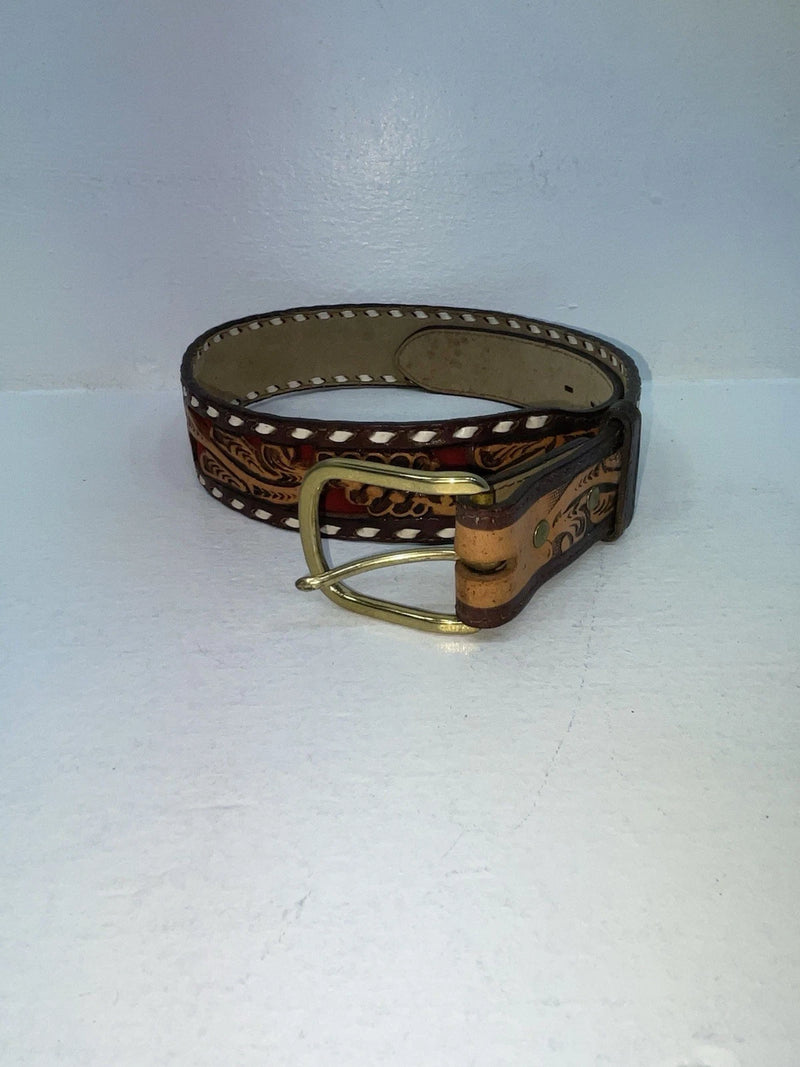 New Red Genuine Leather Longhorn Weaved And Tooled 30” Belt #82828 Z-49