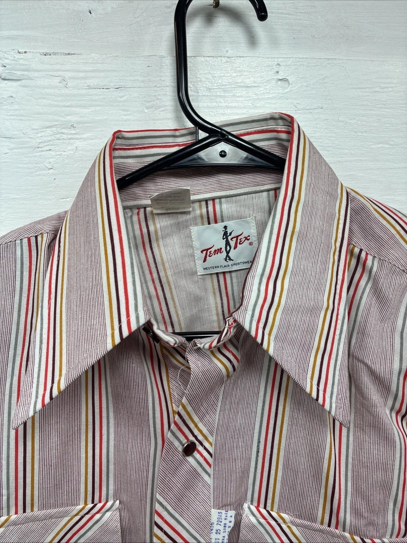 New Men’s Tem Tex Pink Multicolor Stripe Long Sleeve Pearl Snap 14.5 Small M-99