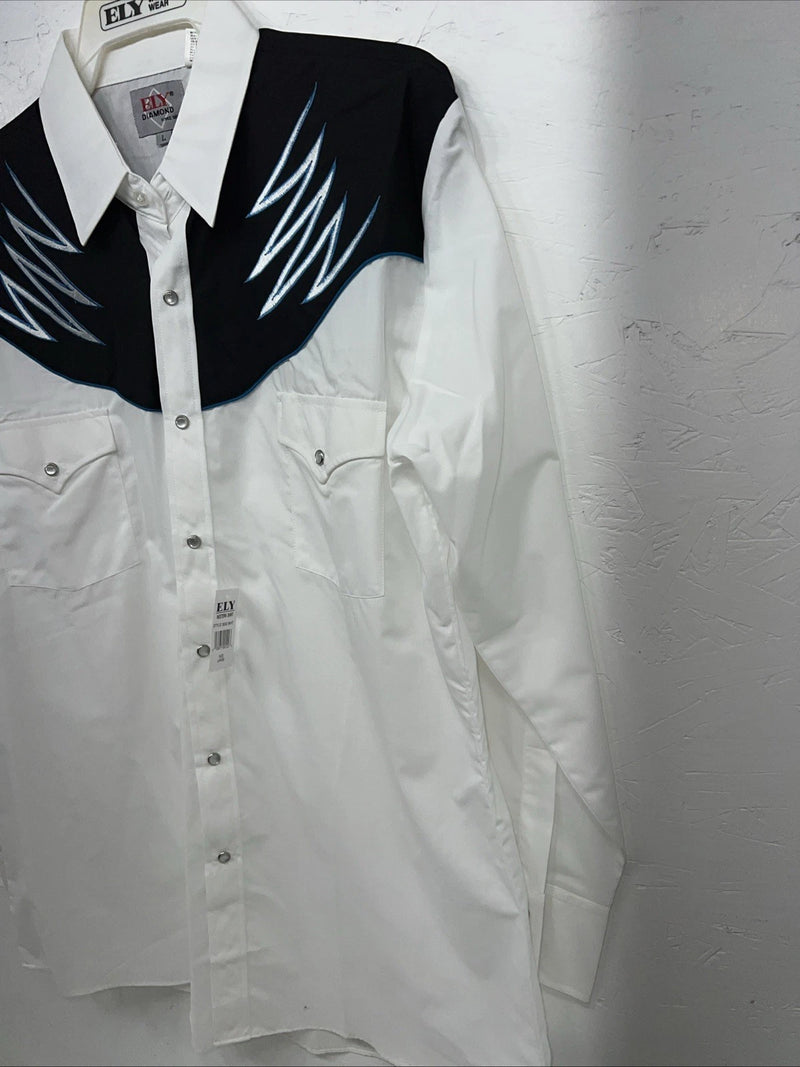 New Mens White ELY Diamond Long Sleeve Pearl Snap Shirt. Large P-56