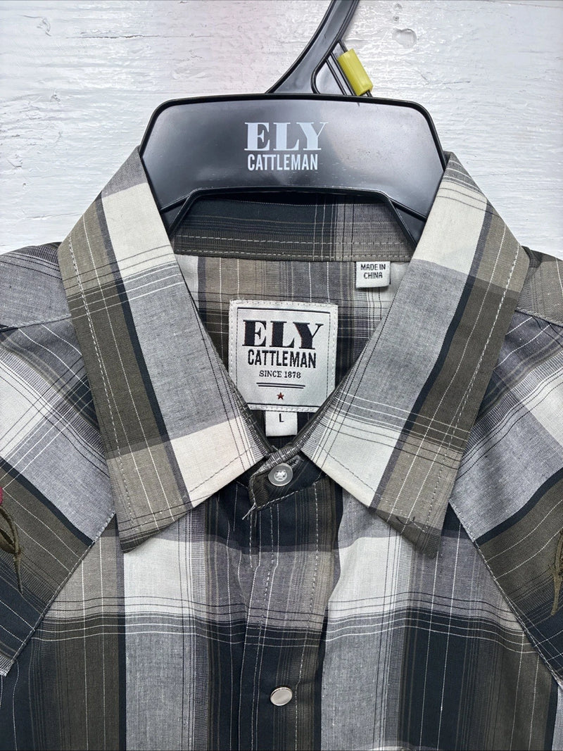 New Men’s ELY Cattleman Green Rose Plaid Long Sleeve Pearl Snap Large X-72
