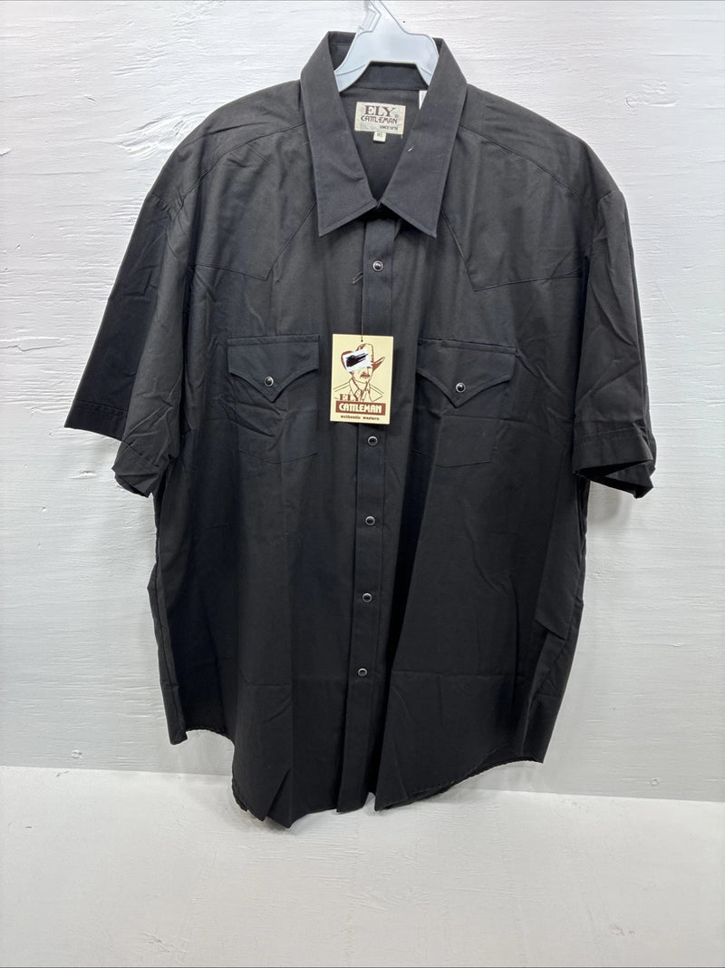 New Men’s ELY Cattleman Black Western Short Sleeve Pearl Snap 18.5 2XL E-48
