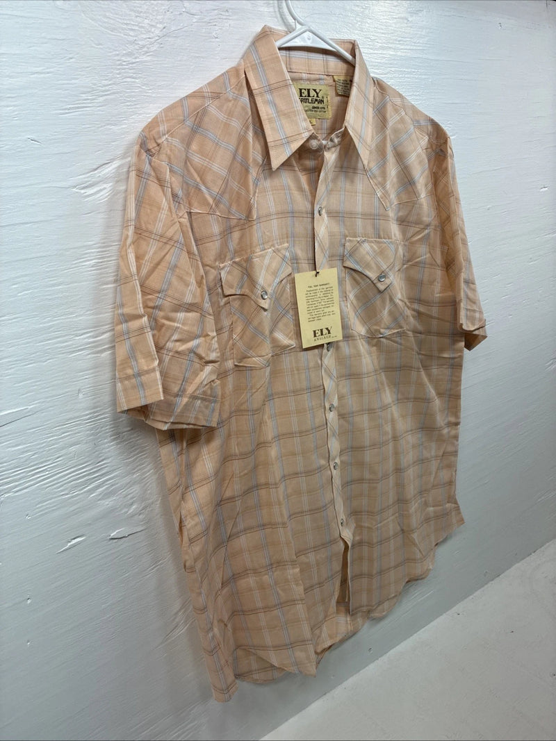 New Men’s ELY Cattleman Orange Plaid Short Sleeve Pearl Snap Large X-24