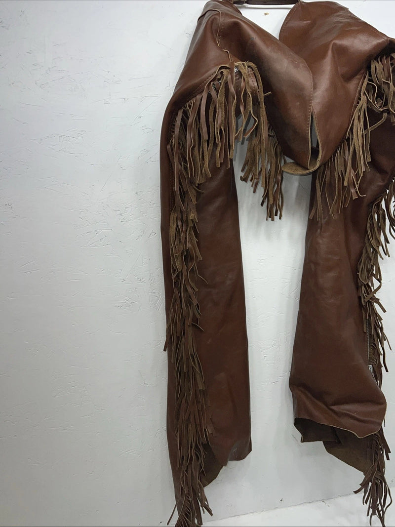 NOS Brown Show Chaps With Fringe Adjustable Waist 40” L-44
