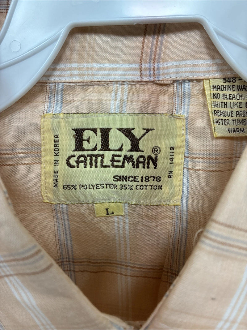 New Men’s ELY Cattleman Orange Plaid Long Sleeve Pearl Snap Large AA-113