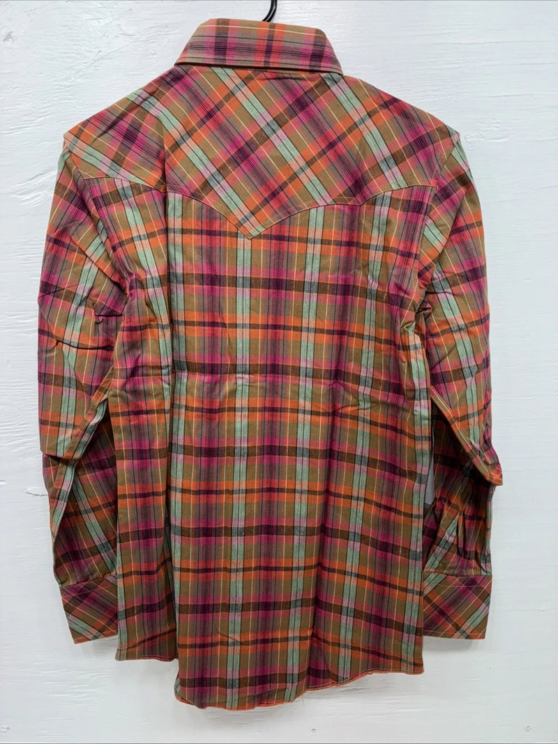 New Men’s Champion Western Orange Pink Plaid Long Sleeve Pearl Snap Small AA-88 