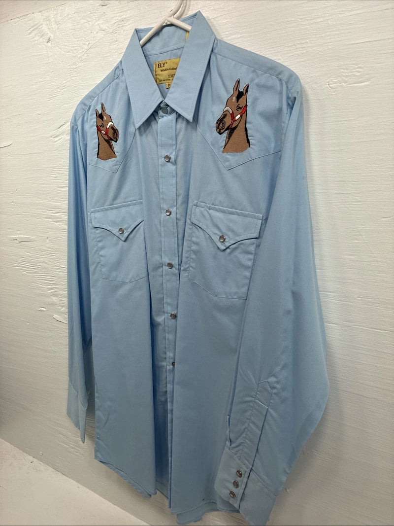 New Men’s ELY Wildlife Blue Horse Embroidered Long Sleeve Pearl Snap Medium K-57