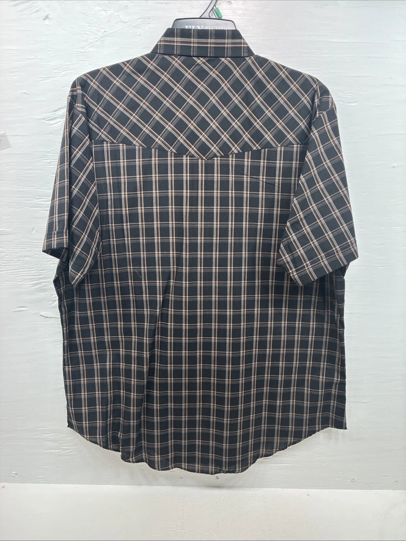 New Men’s ELY Cattleman Black Brown Plaid Short Sleeve Pearl Snap XL T-29