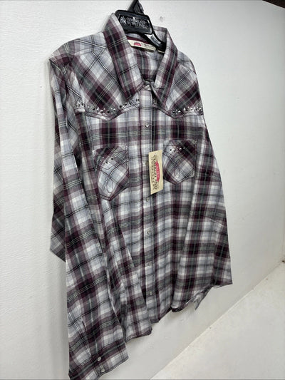New Women’s Cumberland Purple Plaid Long Sleeve Pearl Snap 2XL GG-24