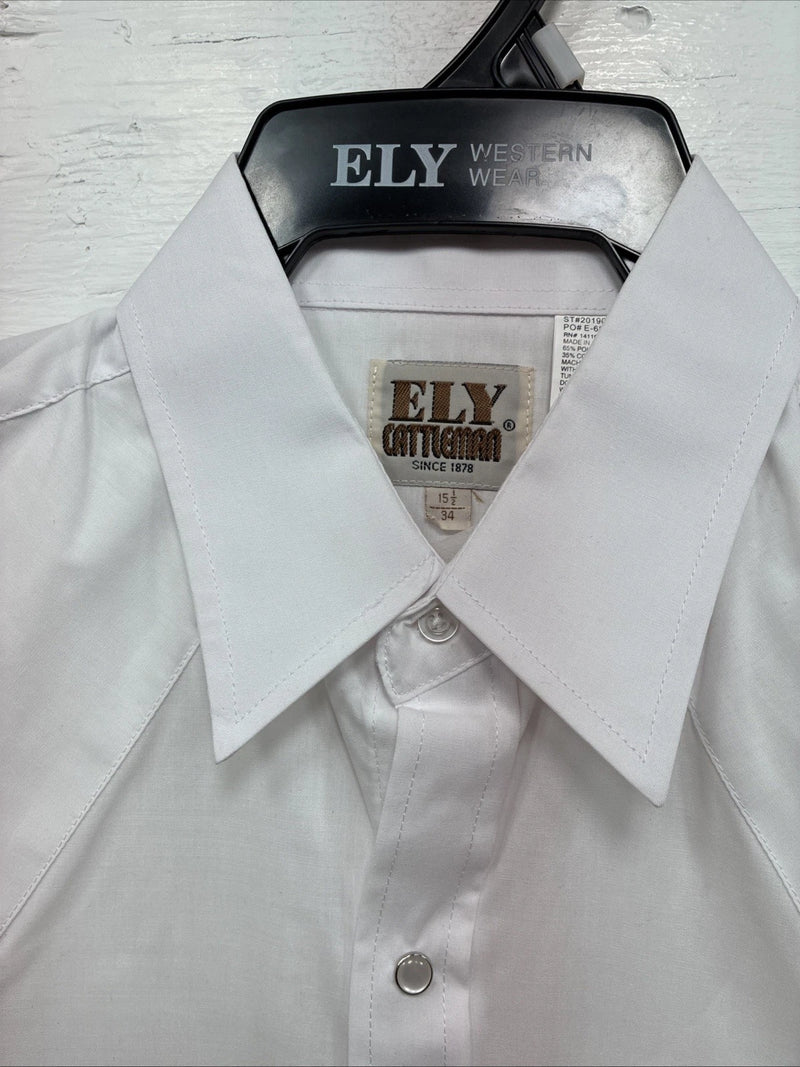 New Men’s ELY Cattleman Simple White Long Sleeve Pearl Snap 15.5 Medium K-56