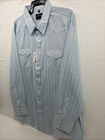 New Men’s White Horse Baby Blue Stripe Long Sleeve Pearl Snap 2XL H-49