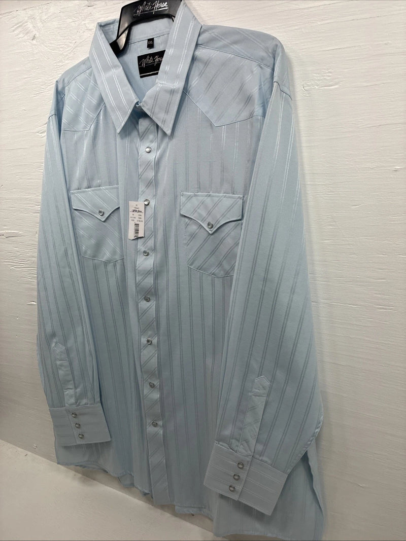 New Men’s White Horse Baby Blue Stripe Long Sleeve Pearl Snap 2XL H-49