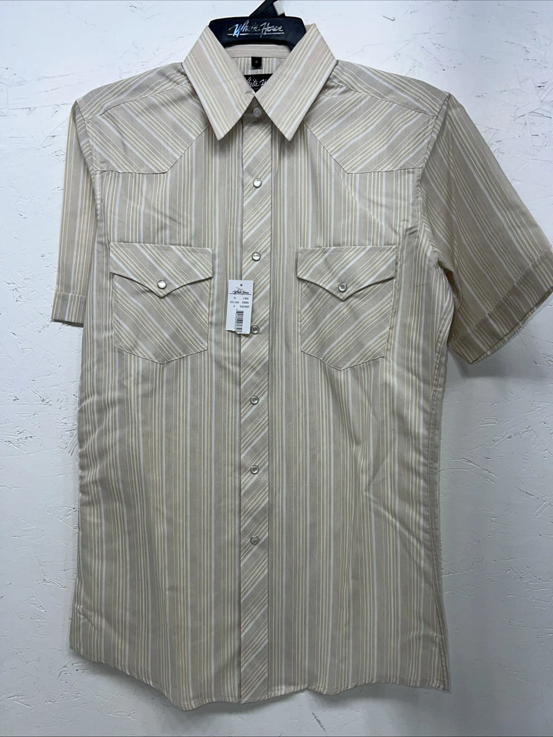 New Men’s White Horse Tan Striped Short Sleeve Pearl Snap Small B-40