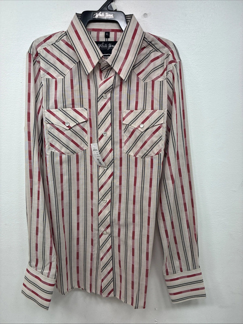 New Kids White Horse red Stripe Long Sleeve Pearl Snap XL DD-58