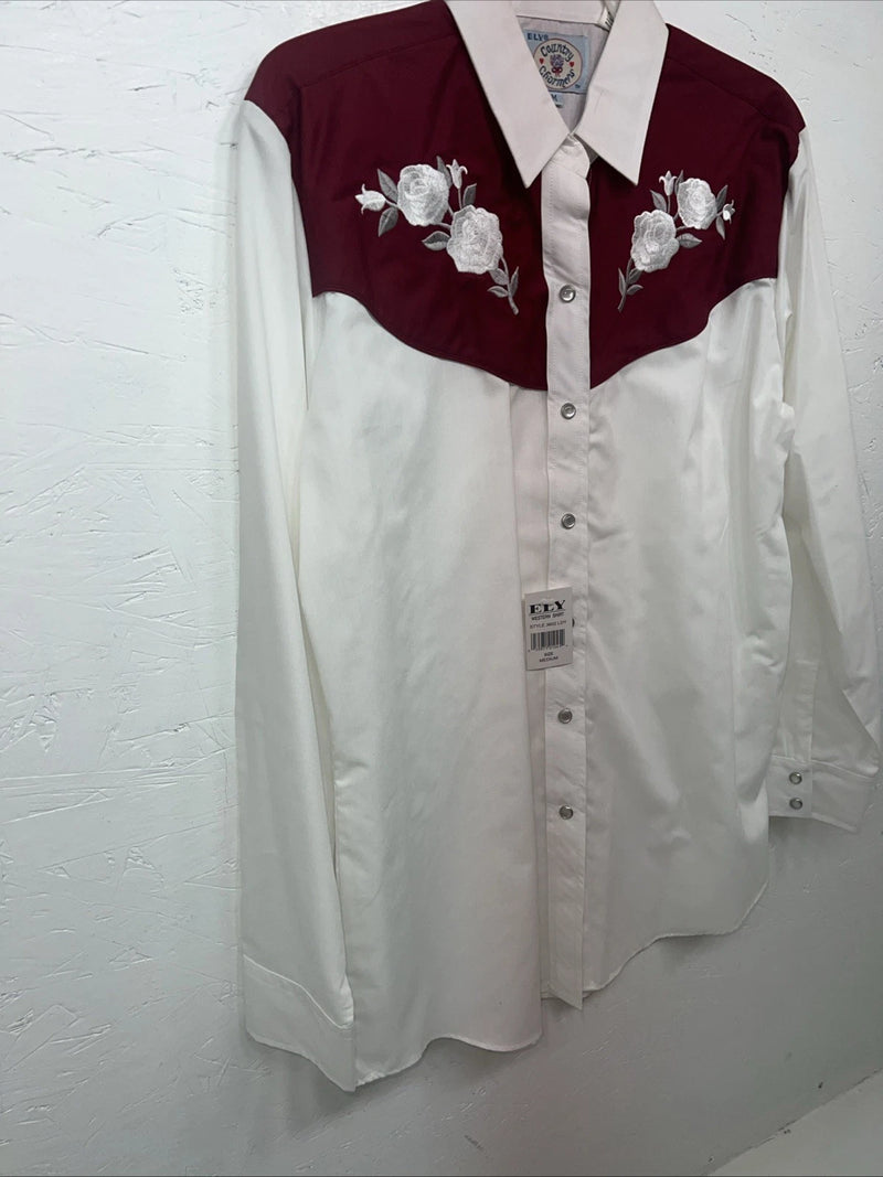 New Women’s ELY Cattleman White Red Flower Long Sleeve Button Up M #3802 3C-42