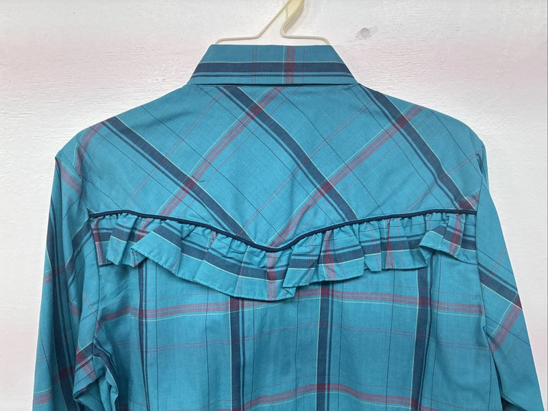 New Women’s Country Charmer Blue Plaid Long Sleeve Pearl Snap Medium KK-40