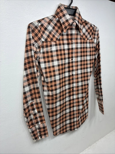 New Women’s Panhandle Slim Orange Plaid Long Sleeve Pearl Snap Size 30 KK-56