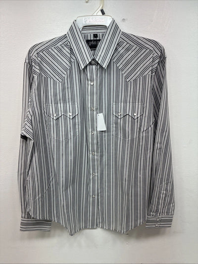 New Women’s White Horse Black Gray Stripe Long Sleeve Pearl Snap Large II-12