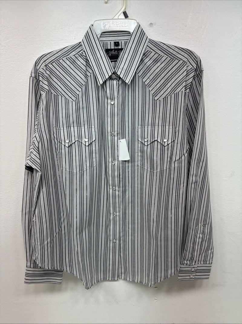 New Women’s White Horse Black Gray Stripe Long Sleeve Pearl Snap Large II-12