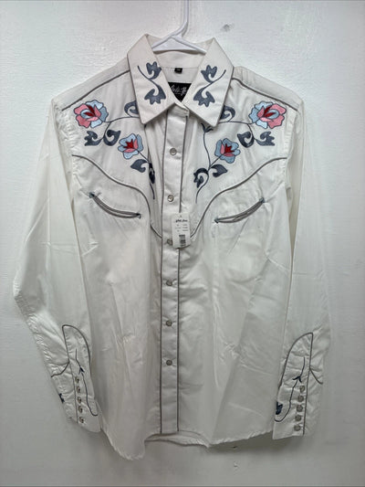 New Women’s White Horse White Embroidered Long Sleeve Pearl Snap Medium MM-33