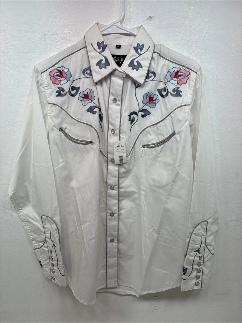 New Women’s White Horse White Embroidered Long Sleeve Pearl Snap Medium MM-33