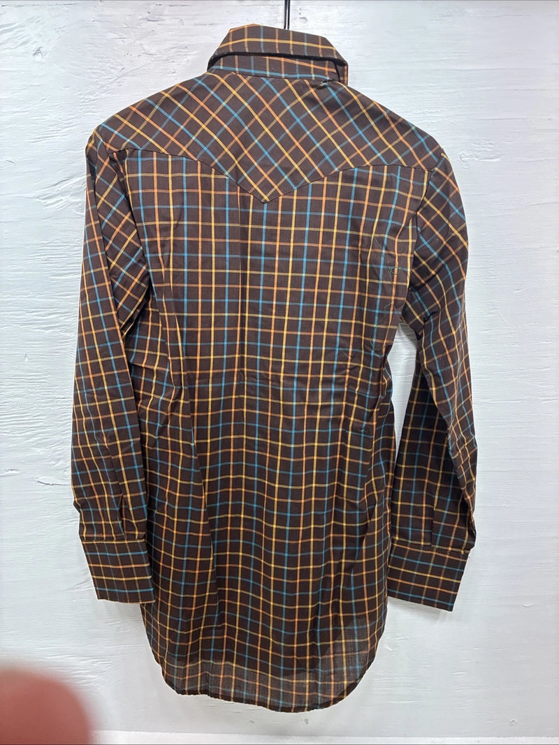New Men’s LEE Brown Plaid Long Sleeve Pearl Snap 14.5 Small M-55