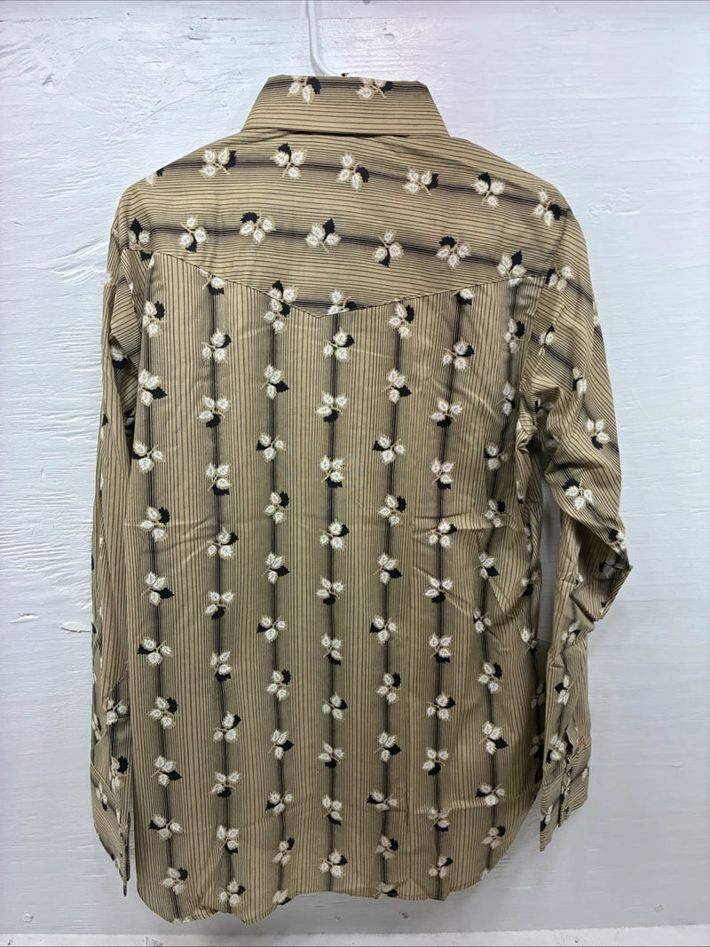 New Men’s ELY Plains Tan Black Floral Long Sleeve Pearl Snap 16 X 36 Large X-64