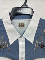 New Men’s ELY Cattleman White Blue Embroidered Long Sleeve Pearl Snap 2XL H-29