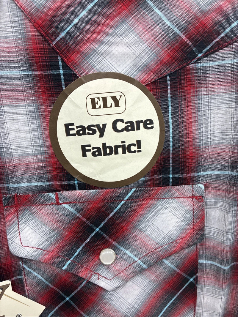 New Men’s ELY Cattleman Red Gray Plaid Short Sleeve Pearl Snap Large X-21