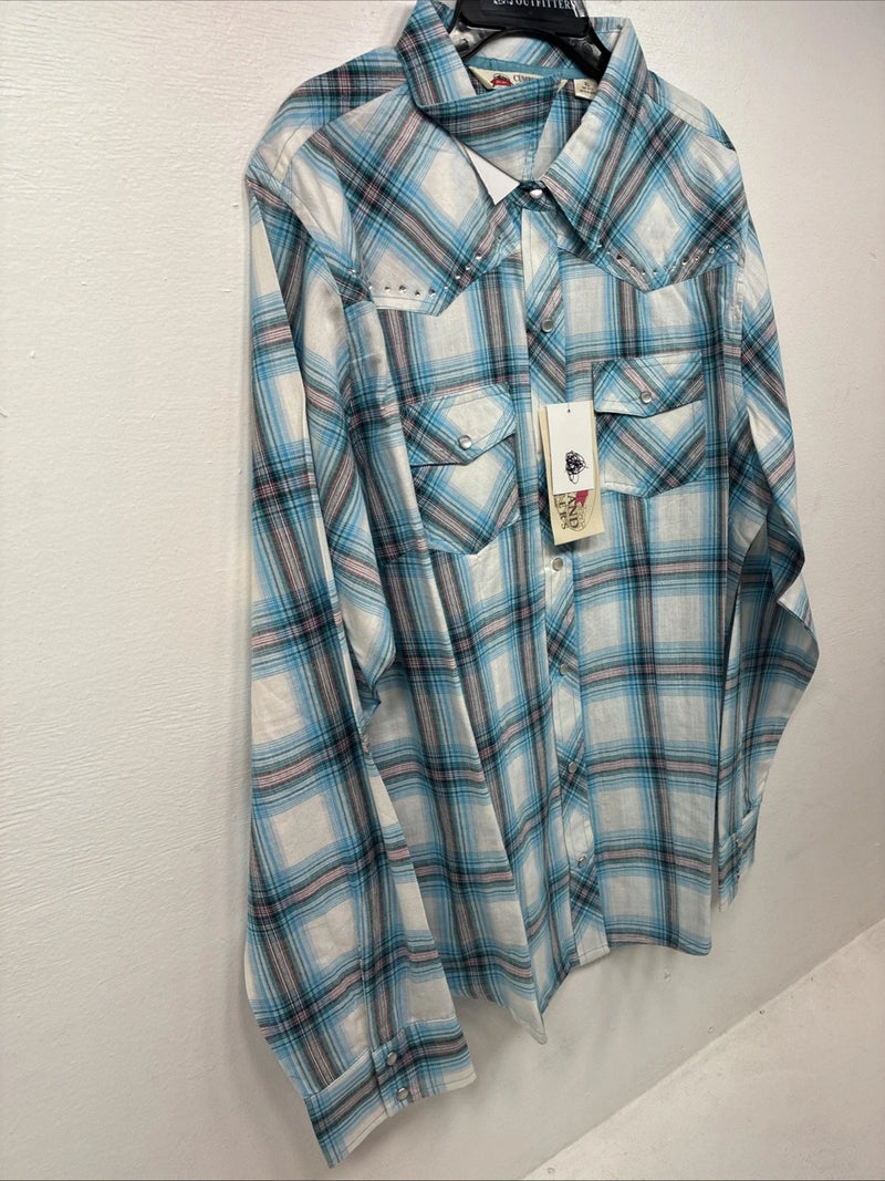 New Women’s Cumberland Blue Plaid Long Sleeve Pearl Snap XL  GG-79