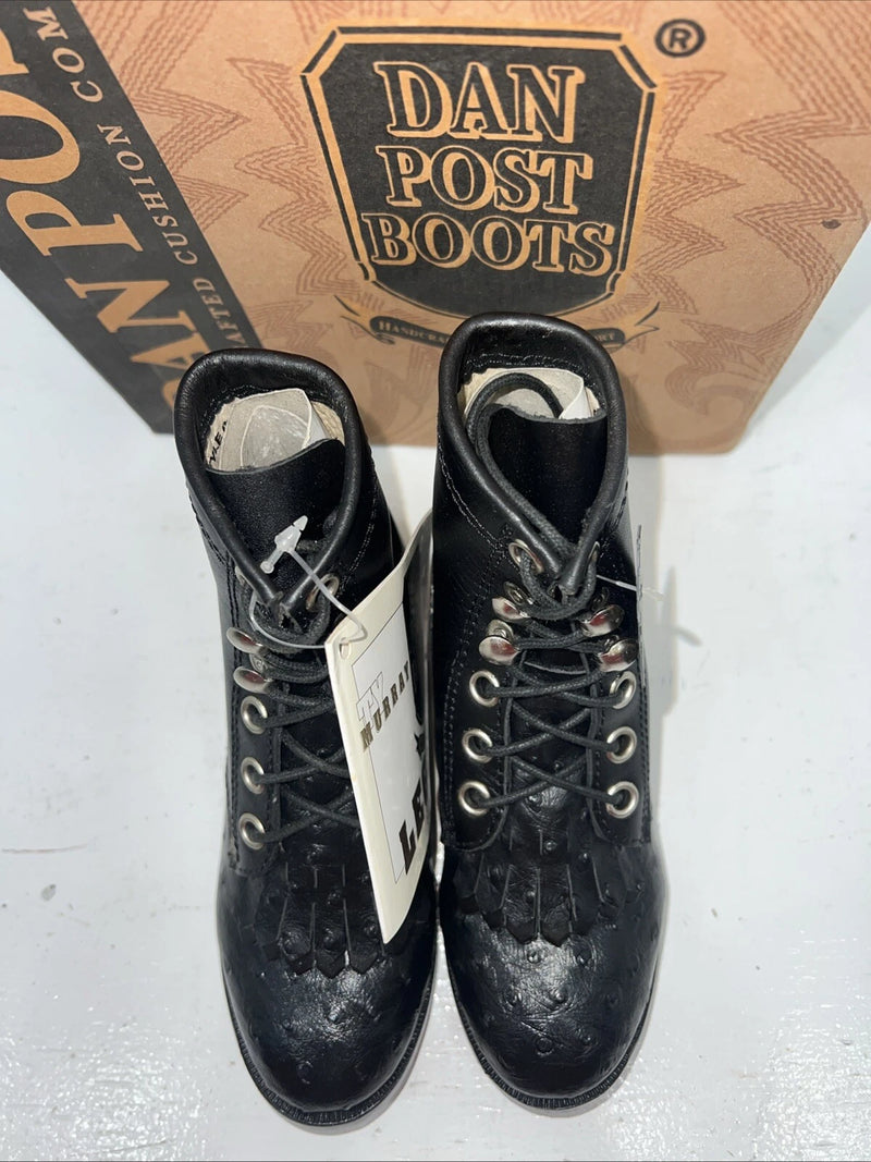 New Infants Black Ostrich Print Lace Up Dan Post Cowboy Boots. 6.5 6 1/2 D. 24-5