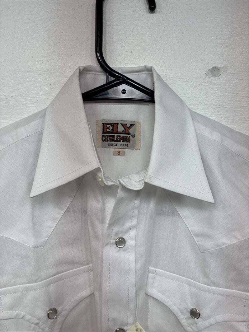 New Boys ELY Cattleman White Long Sleeve Pearl Snap Size 8 MM-15