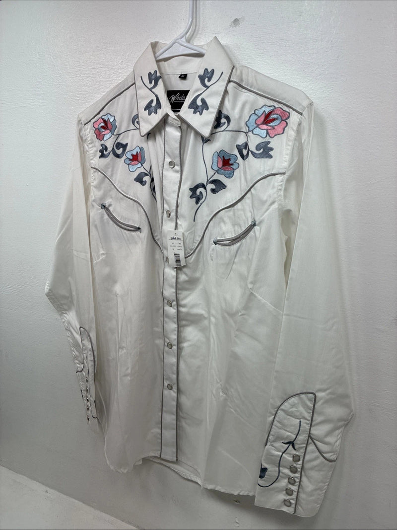 New Women’s White Horse White Embroidered Long Sleeve Pearl Snap Medium MM-33