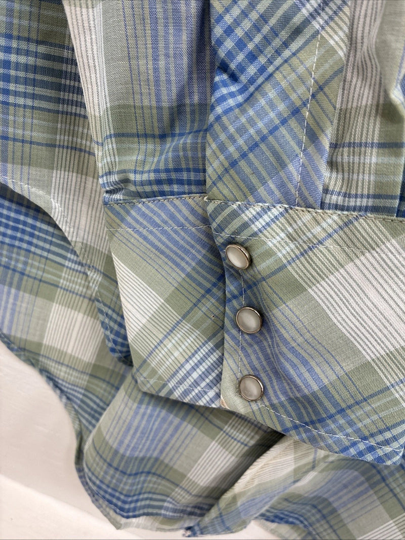 New Men’s Miller Blue Green Plaid Long Sleeve Pearl Snap 16 Large Q-71