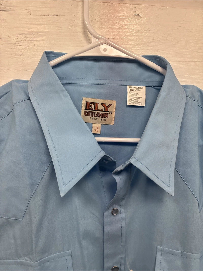 New Men’s ELY Cattleman Simple Blue Long Sleeve Pearl Snap 18 X 35 2XL R-9