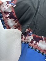 New Men’s ELY Cattleman Blue Black Horse Design Short Sleeve Pearl Snap Med J-96