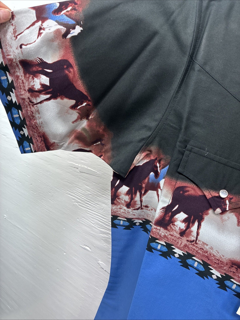 New Men’s ELY Cattleman Blue Black Horse Design Short Sleeve Pearl Snap Med J-96