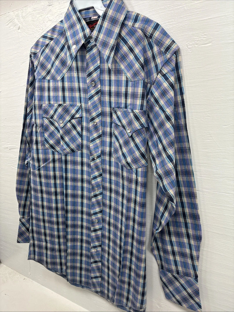New Men’s Champion Western Purple Plaid Long Sleeve Pearl Snap 14.5 Small O-35
