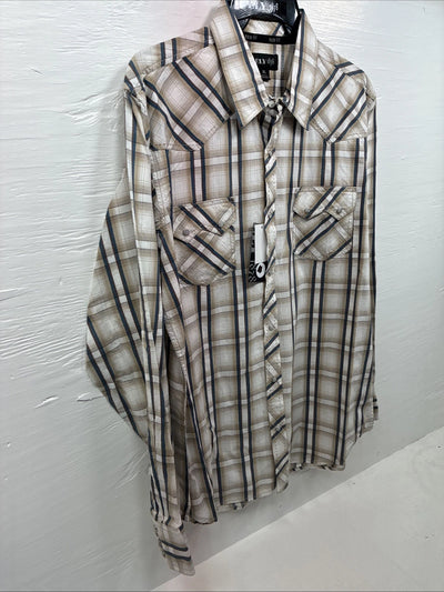 New Men’s ELY 1878 Brown Blue Plaid Long Sleeve Pearl Snap XL V-28