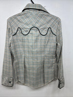 New Women’s Lady DJ Blue Plaid Long Sleeve Button Up Size 38 TT-124