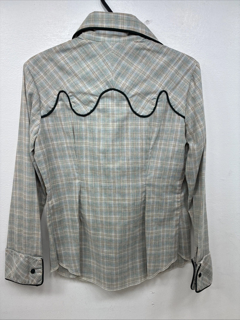 New Women’s Lady DJ Blue Plaid Long Sleeve Button Up Size 38 TT-124