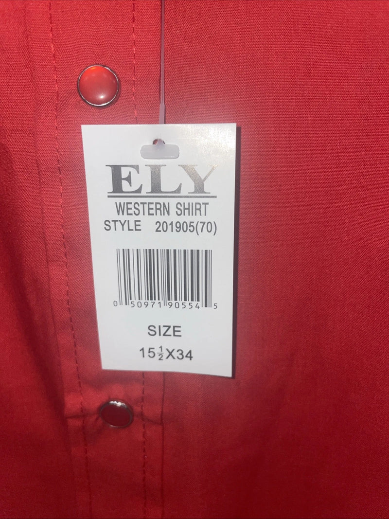 New Men’s ELY cattleman Red Long Sleeve Pearl Snap 15.5 X 34 Medium B-100