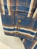 New Men’s ELY 1878 Blue Brown Plaid Long Sleeve Pearl Snap Medium J-89