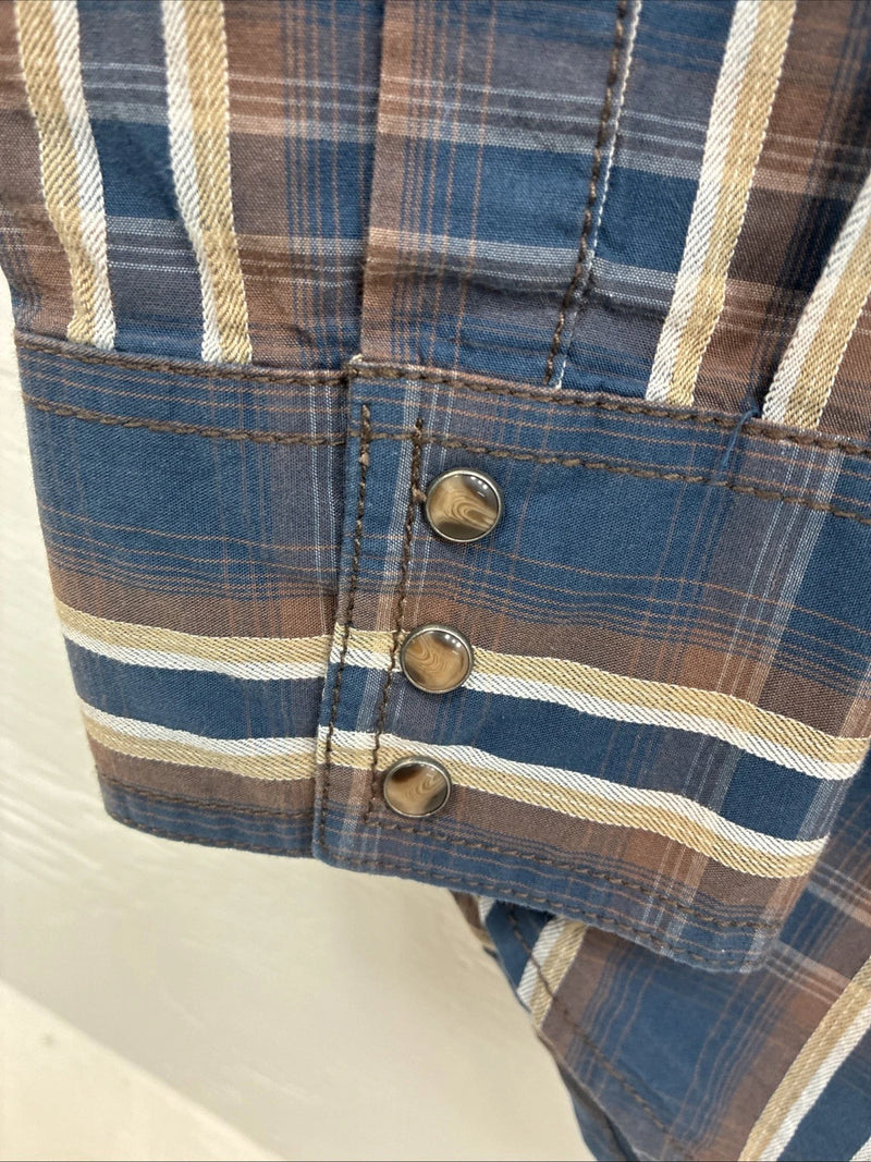 New Men’s ELY 1878 Blue Brown Plaid Long Sleeve Pearl Snap Medium J-89