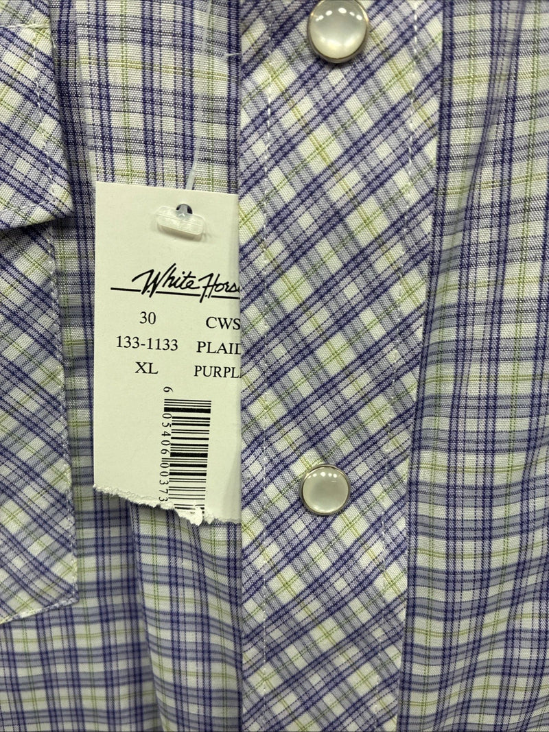 New Men’s White Horse Purple Plaid Long Sleeve Pearl Snap XL M-70