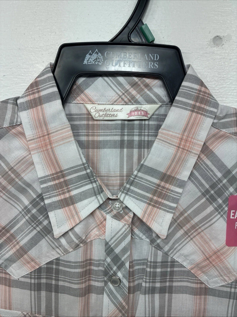 New Women’s Cumberland Pink Gray Plaid Short Sleeve Pearl Snap Large GG-77