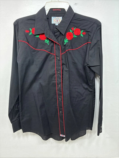 New Women’s Country Charmers Black Rose Long Sleeve Pearl Snap Large LL-96