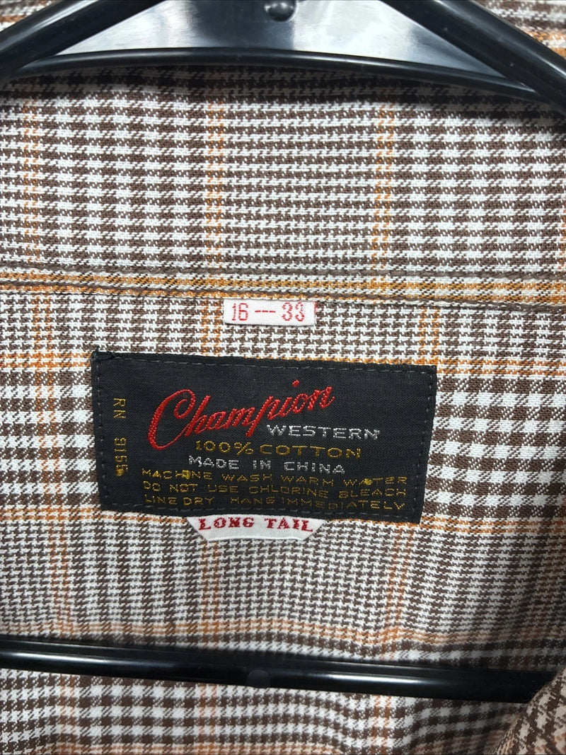 New Men’s Champion Western Brown Plaid Long Sleeve Pearl Snap 16 Large M-86