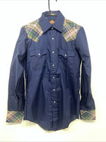 New Men’s Western Short Works Blue Long Sleeve Pearl Snap 14.5 X 33 Small A-197