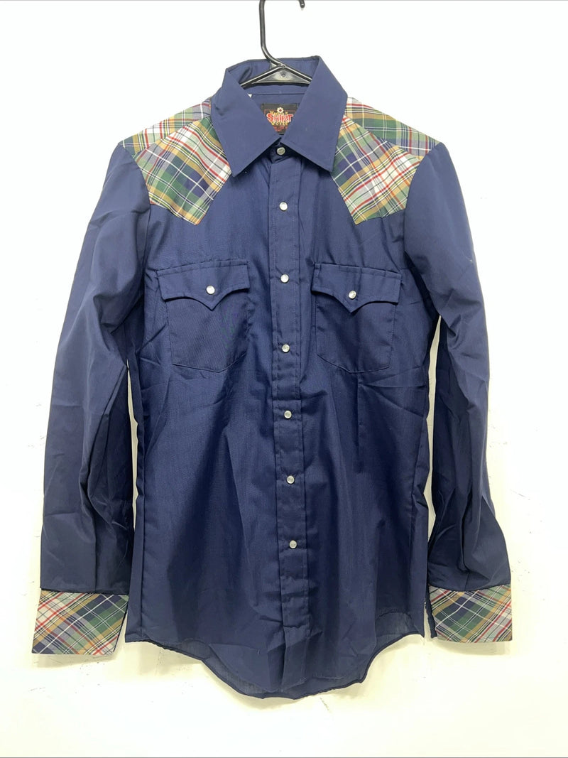 New Men’s Western Short Works Blue Long Sleeve Pearl Snap 14.5 X 33 Small A-197